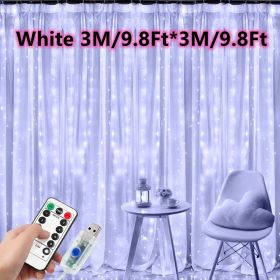 1pc; Window String Lights; Christmas Decoration 100/200/300 LED Remote Control USB Wedding Garland Curtain Lamp 3M/9.8Ft Fairy Lights (Color: White, size: 9.84ftx9.84ft -300LED)